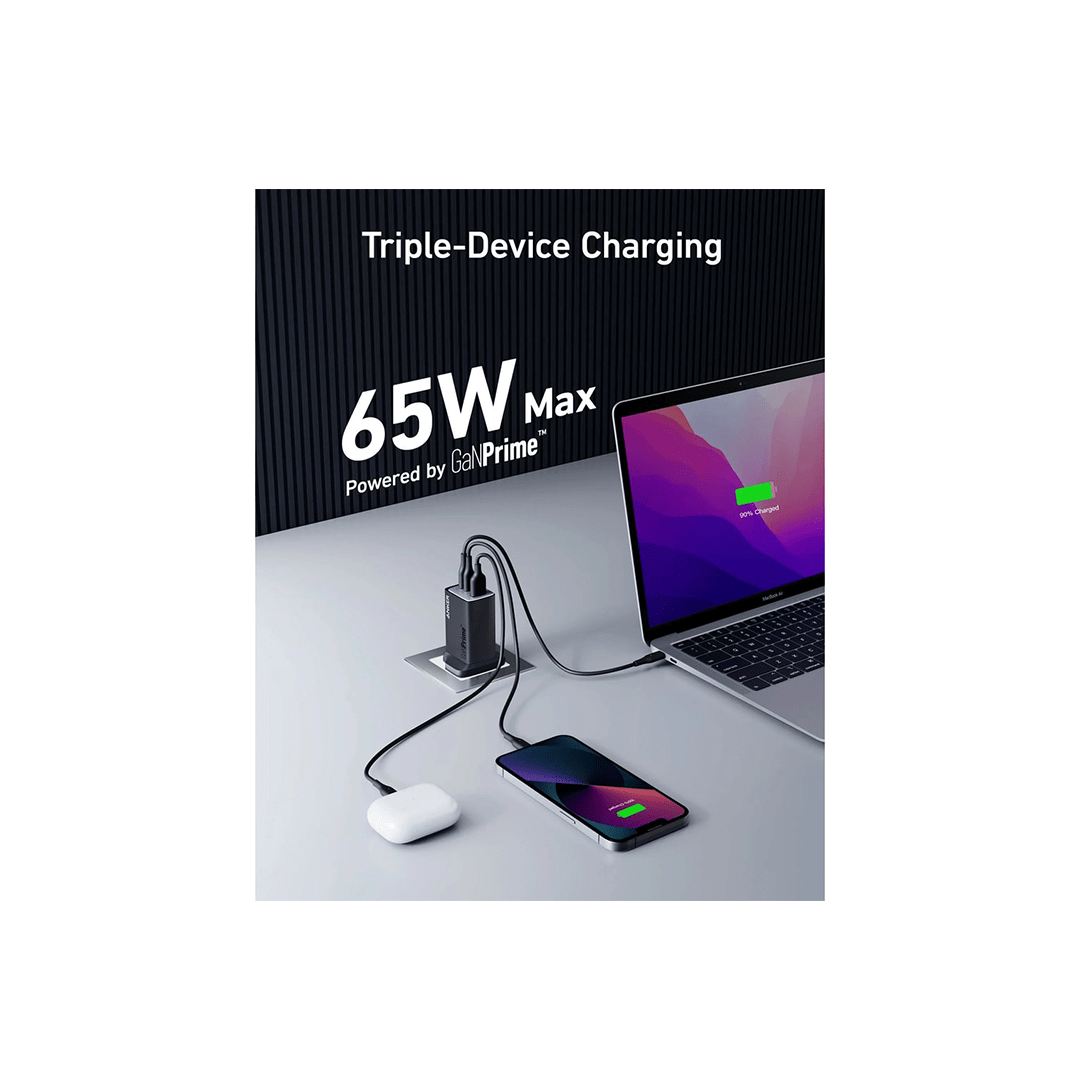 Anker Wall Charger GaNPrime 65W 3 Ports - Black in Qatar Anker Wall Charger GaNPrime 65W 3 Ports - Black in Qatar